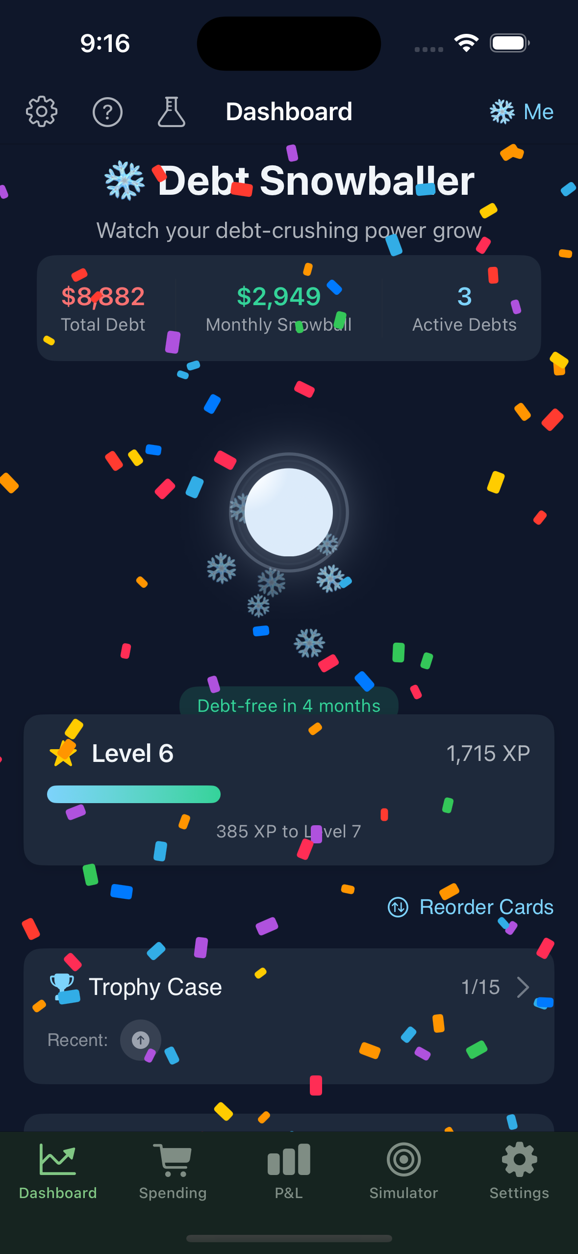 Debt Snowballer iOS app showing dashboard with confetti celebration, debt tracking stats, and Level 6 progress