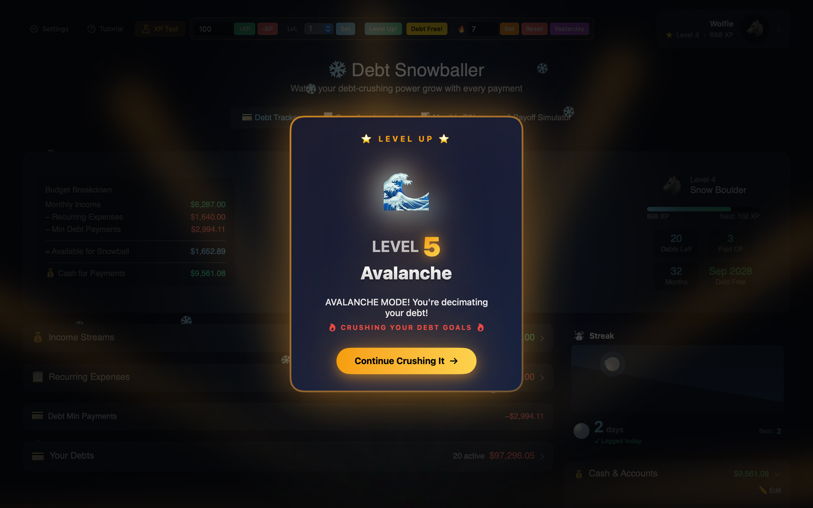 Debt Snowballer Mac app showing Level 5 Avalanche level-up celebration
